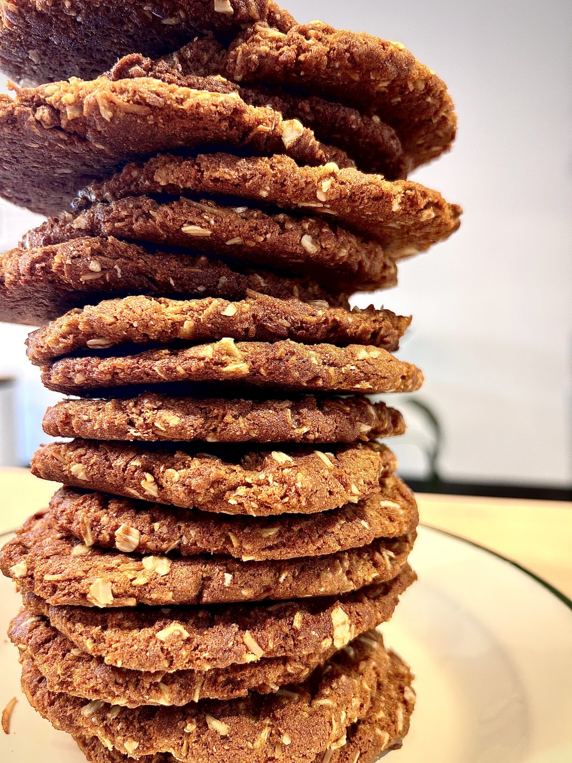 A stack of vegan ANZAC biscuits